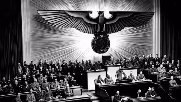 Officials sit beneath a monumental eagle emblem in a crowded assembly hall