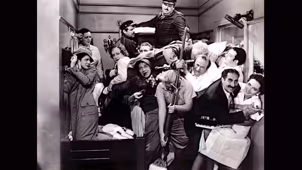 Groucho Marx, Chico Marx and Harpo Marx squeeze among passengers in an overcrowded cabin