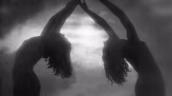 Two silhouetted athletes raise their arms together against the sky