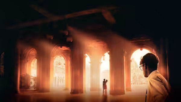 Tom Ripley (Matt Damon) watches a couple embrace in a sunlit hall