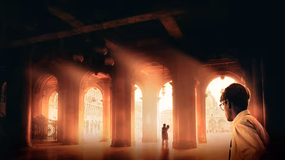 Tom Ripley (Matt Damon) watches a couple embrace in a sunlit hall