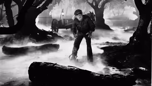 Larry Talbot (Lon Chaney Jr.) stands alone in a foggy forest