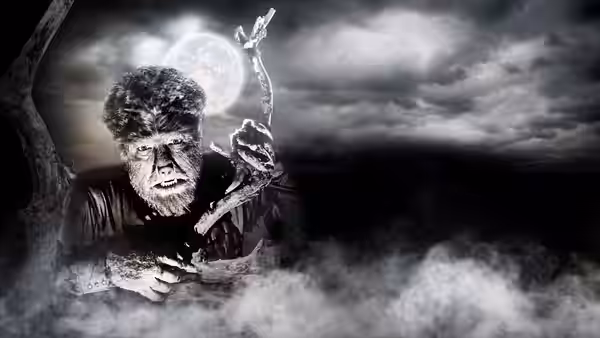 A bearded figure in a fur cap peers through swirling mist
