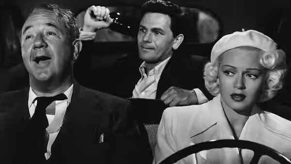 Nick Smith (Cecil Kellaway) drives while Cora Smith (Lana Turner) sits beside him and Frank Chambers (John Garfield) rides behind