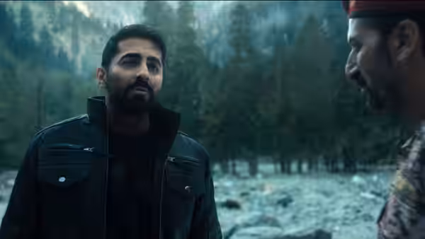 Bilal Ahmad (Ayushmann Khurrana) faces a man in a red cap in a snowy forest