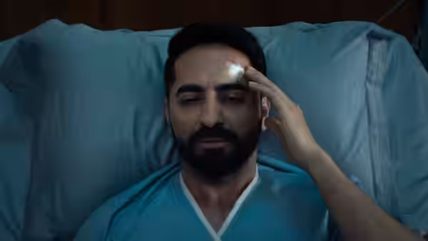 Bilal Ahmad (Ayushmann Khurrana) lies in a hospital bed, touching the bandage on his forehead