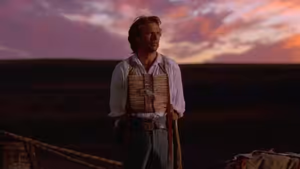 Lieutenant Dunbar (Kevin Costner) standing at the fort during sunset