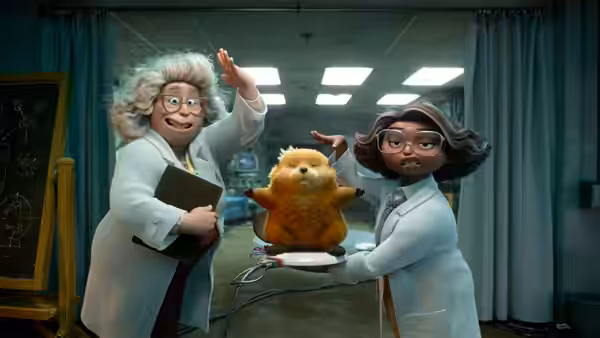 Two scientists in lab coats examine a small animal on a tray