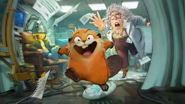 An orange animal rides a computer mouse through a chaotic laboratory