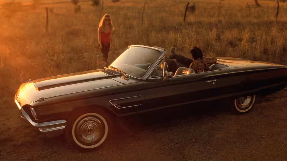 Lula (Laura Dern) standing by a black convertible as Sailor (Nicolas Cage) sits inside
