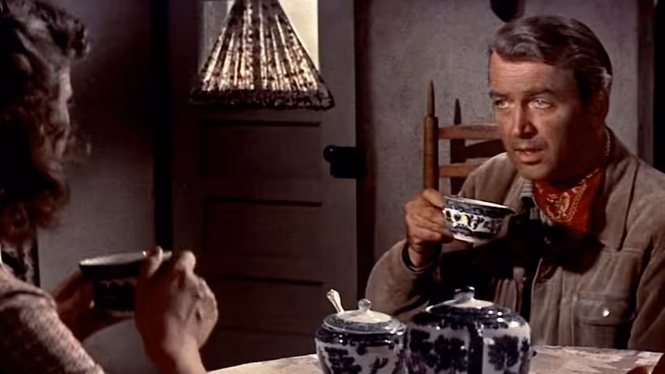 Will Lockhart (James Stewart) drinks tea across the table from a woman