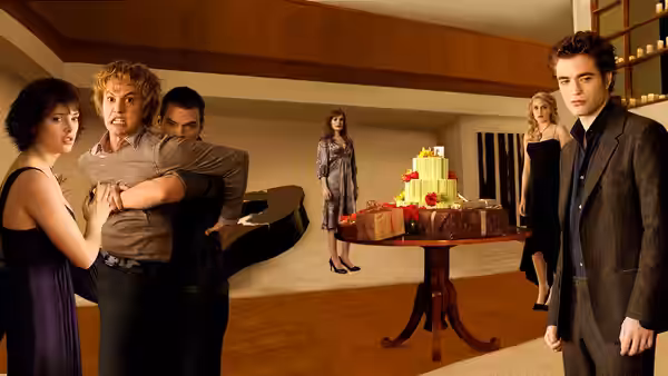 Edward Cullen (Robert Pattinson) stands by a cake as the Cullen family gathers indoors