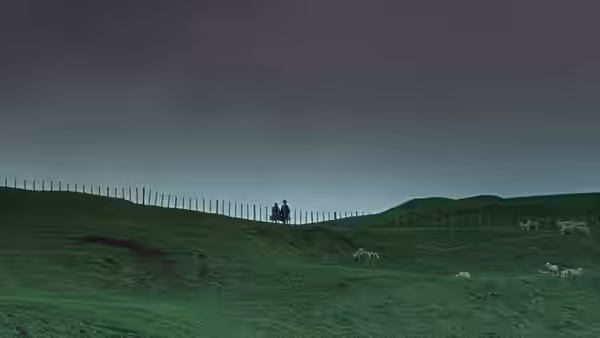 Two figures walking along a fence on a green hillside with sheep