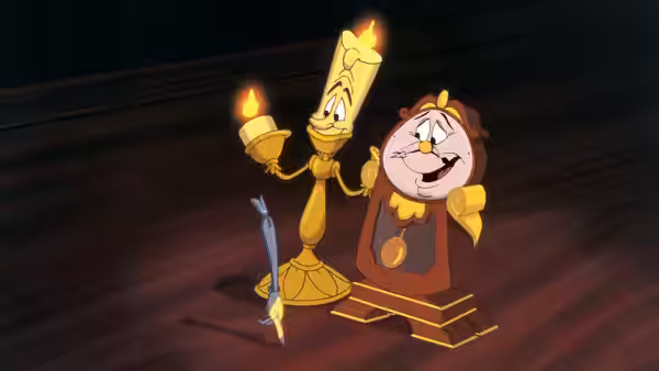 Lumiere and Cogsworth standing together in a darkened hallway