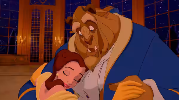 Beast cradling Belle gently in his arms at night