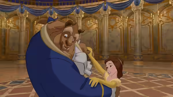 Beast twirling Belle around the floor of an ornate ballroom