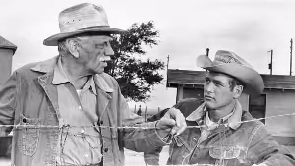 Homer Bannon (Melvyn Douglas) and Hud Bannon (Paul Newman) hold a wire fence