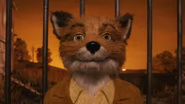 A fox with wide eyes peers through vertical metal bars against an orange sky