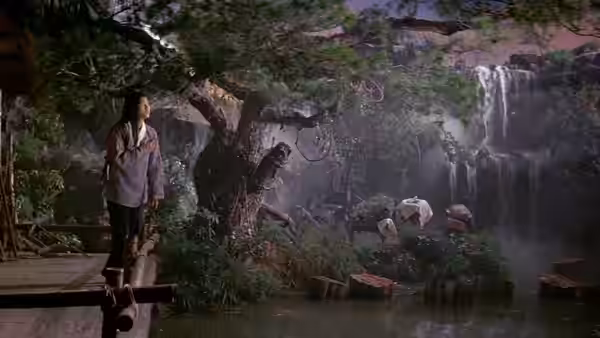 A woman stands on a wooden walkway beside a waterfall