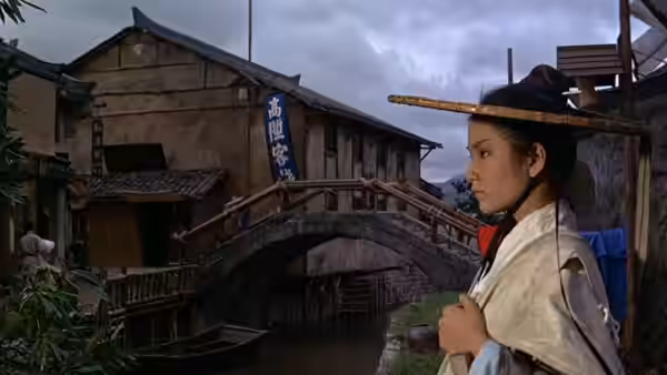 Golden Sparrow (Cheng Pei-pei) stands beside a wooden bridge in a riverside town