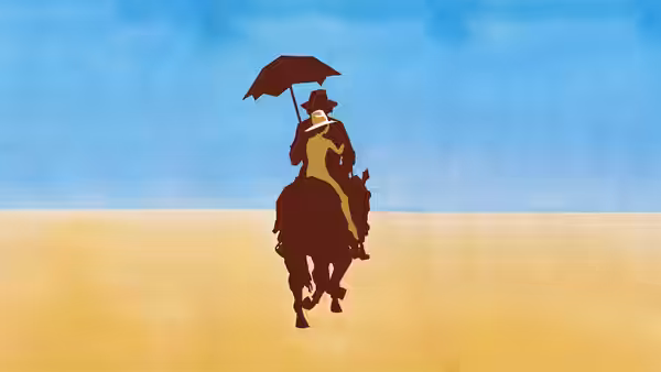 A lone figure stands beneath an umbrella in a barren desert