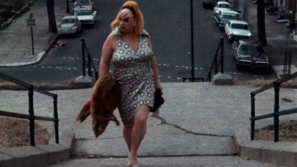 Divine (Divine) descends outdoor steps in a patterned dress, carrying a brown handbag