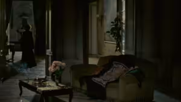 A woman in a dark dress stands by a window as another person reclines on a sofa