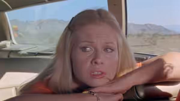 Lynne Wood (Dee Wallace) rests her arms on a car seat, looking back anxiously