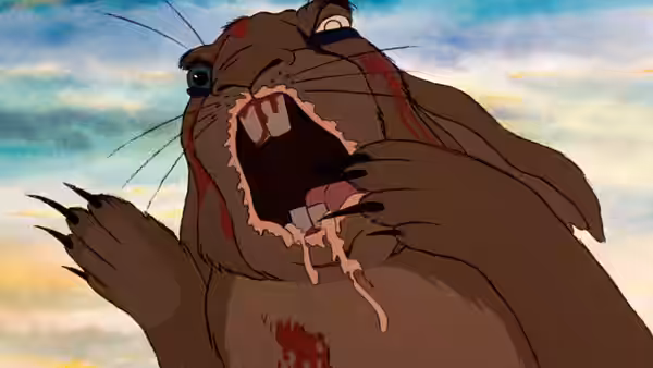 Wounded rabbit with bloodied face screams with mouth wide open