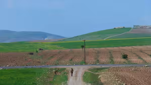 A lone traveler walks along a dirt road through cultivated fields toward distant buildings