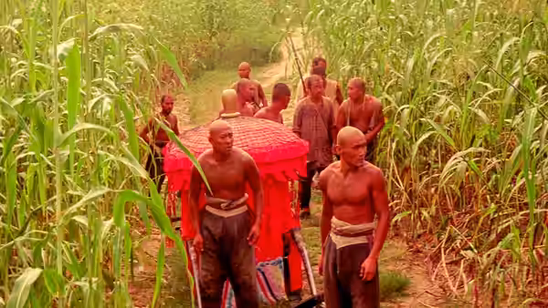 Bare-chested men carry a red bridal sedan chair along a path through sorghum