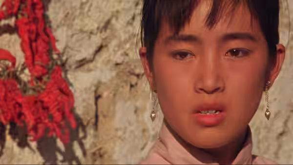 Jiu'er (Gong Li) looks ahead beside a rough stone wall hung with dried peppers