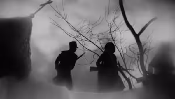 Two armed figures move through fog beside a building and bare trees