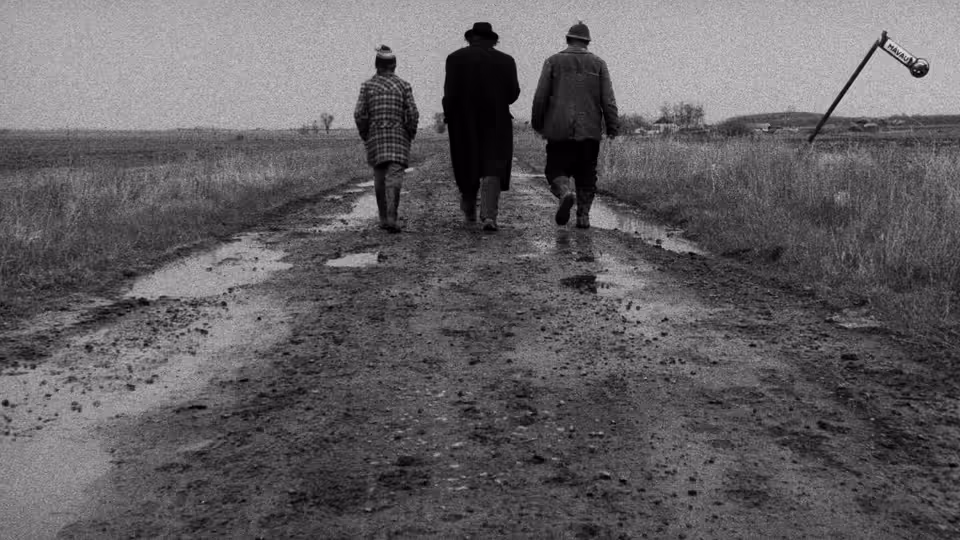 Three men walk away along a muddy country road