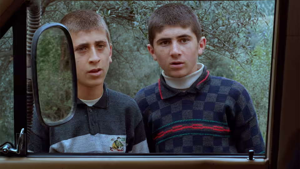 Two young men look through a vehicle window