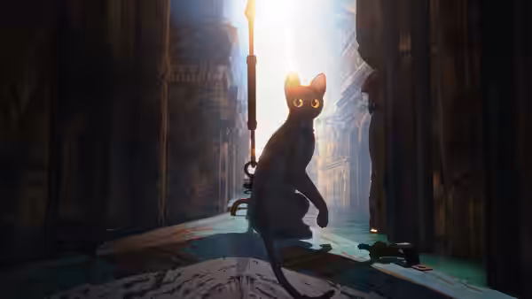 A black cat sits in a flooded, ruined street, facing the light between buildings