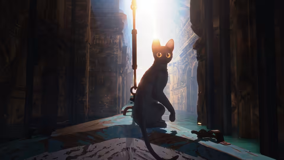 A black cat sits in a flooded, ruined street, facing the light between buildings