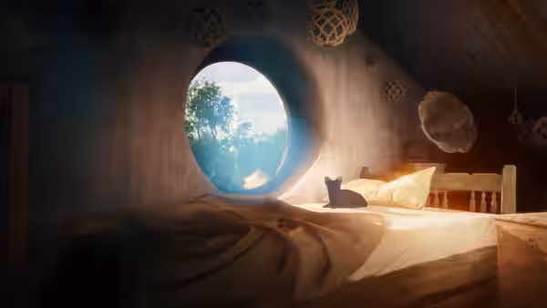 A black cat rests on a bed inside a round room