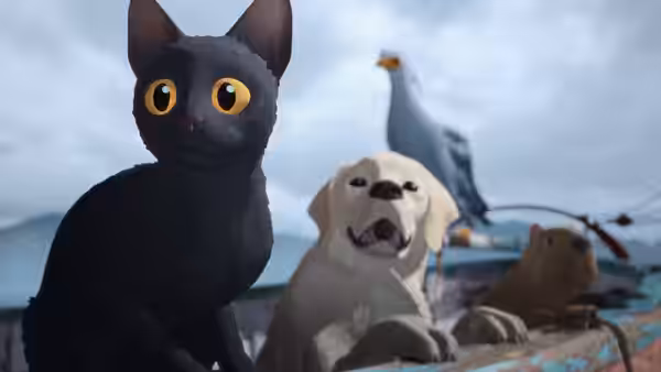 A black cat and white dog ride in a boat with other animals