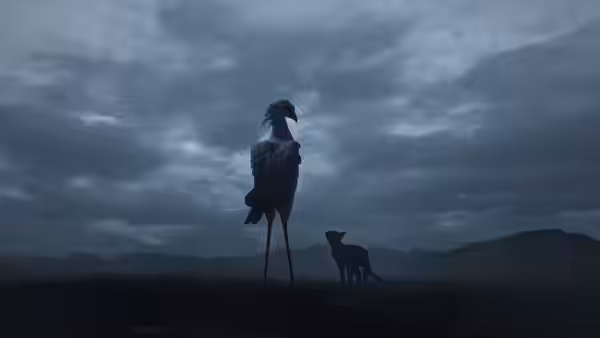 A tall long-legged bird stands beside a black cat beneath storm clouds