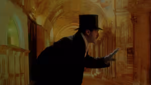 A top-hatted man reaches toward the wall in a painted corridor