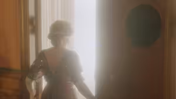 A woman in an evening dress stands in a bright open doorway