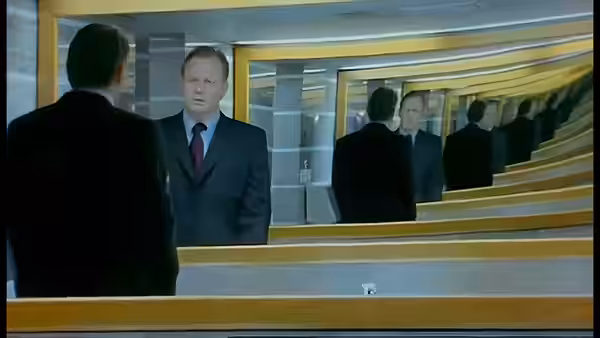 A suited man faces his reflection in a mirrored restroom