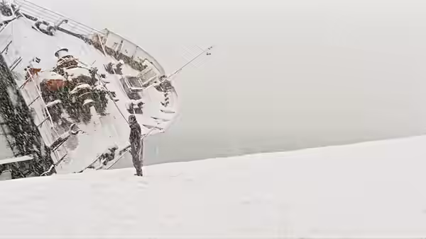 A man stands beside a stranded ship on a snow-covered shore