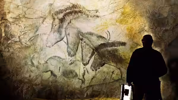 A visitor examines prehistoric animal paintings on a cave wall