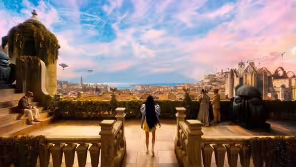 woman in yellow dress walking across stone terrace overlooking sprawling city
