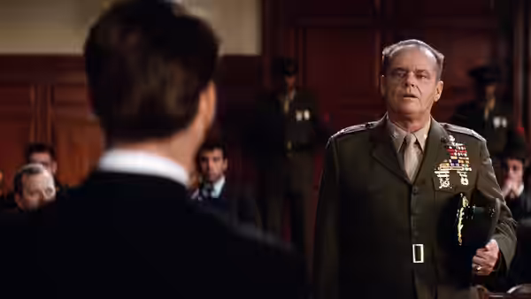 Col. Nathan R. Jessep (Jack Nicholson) stands before Lt. Daniel Kaffee in court