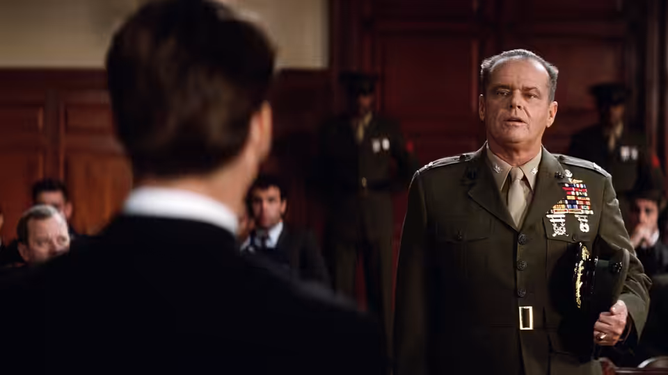 Col. Nathan R. Jessep (Jack Nicholson) stands before Lt. Daniel Kaffee in court
