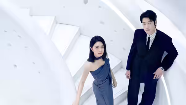 Xu Chi (Zhao Jinmai) and Ye Xinzhi (Wei Daxun) stand on a curved white staircase