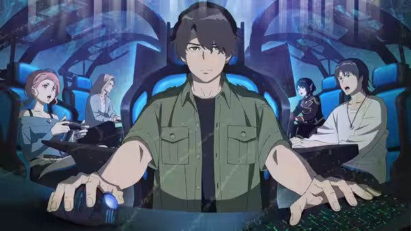 A young man operates a console in a futuristic control room as others work behind him